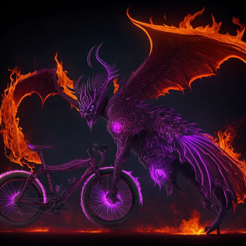 Draw a demon with fiery wings, riding a bicycle. Demon alone. Visually the demon is majestic, like Diablo, Satan. Let the bike leave trails of fire. The bike is neat, road type. Side view. Main color - purple, the background is black.