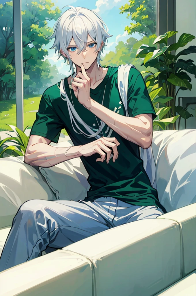 A 25 years old anime man with white hair and Blue eyes, sitting  on the couch, Wearing a Green  t-shirt, blushing 