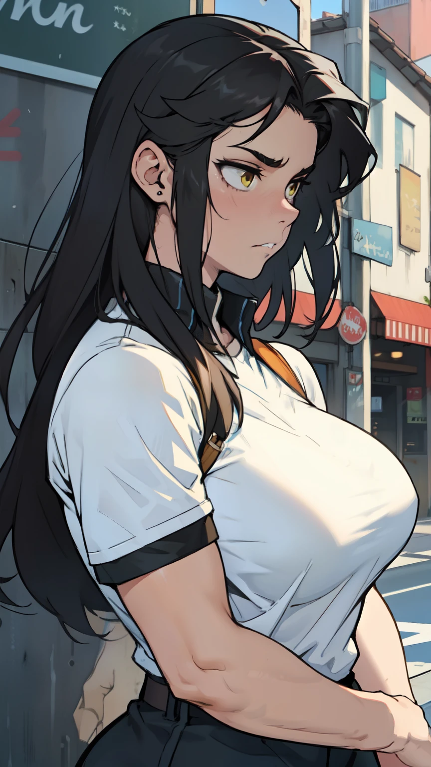 athletic girl massive breasts thick thick thick (disappointed disappointed disappointed disappointed) pale skin black hair yellow eyes solo