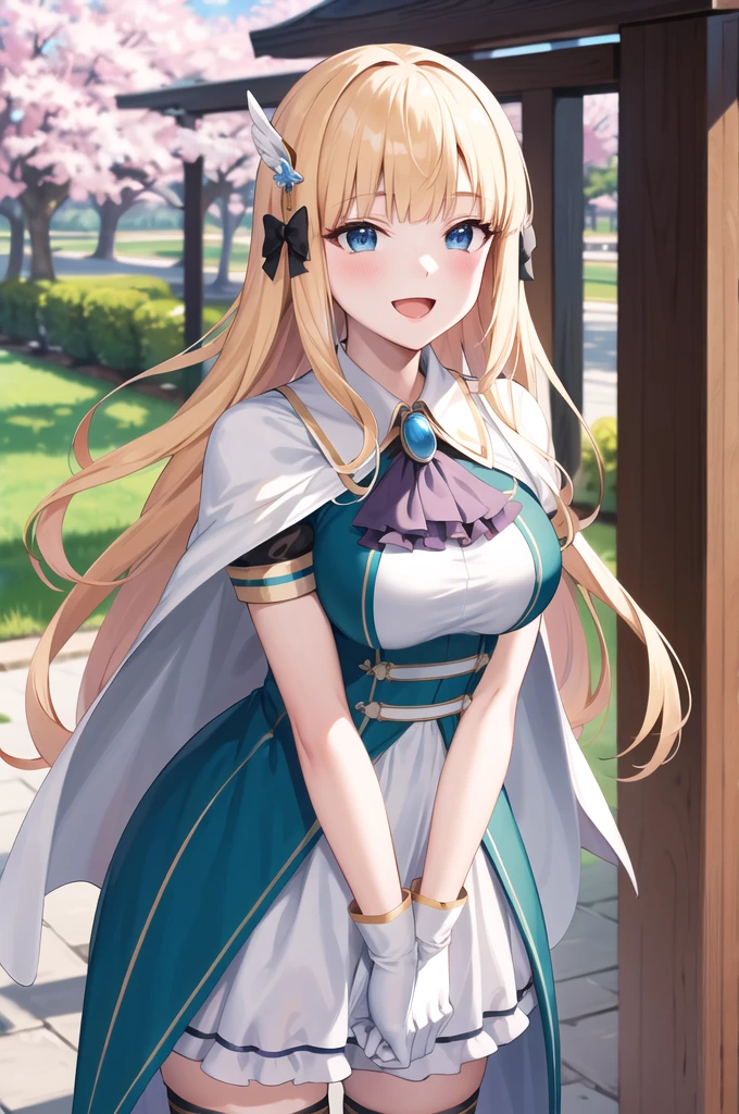 hentai,masterpiece, best quality, highres, aasaren, long hair, blonde hair, hair bow, black bow, hair ornament, blunt bangs, pointy ears, large breasts, brooch, white cape, aqua dress, underbust, short sleeves, white gloves, white skirt, frilled skirt, white thighhighs, arms behind back, smile, open mouth, leaning forward, standing, outdoors, cherry blossoms,