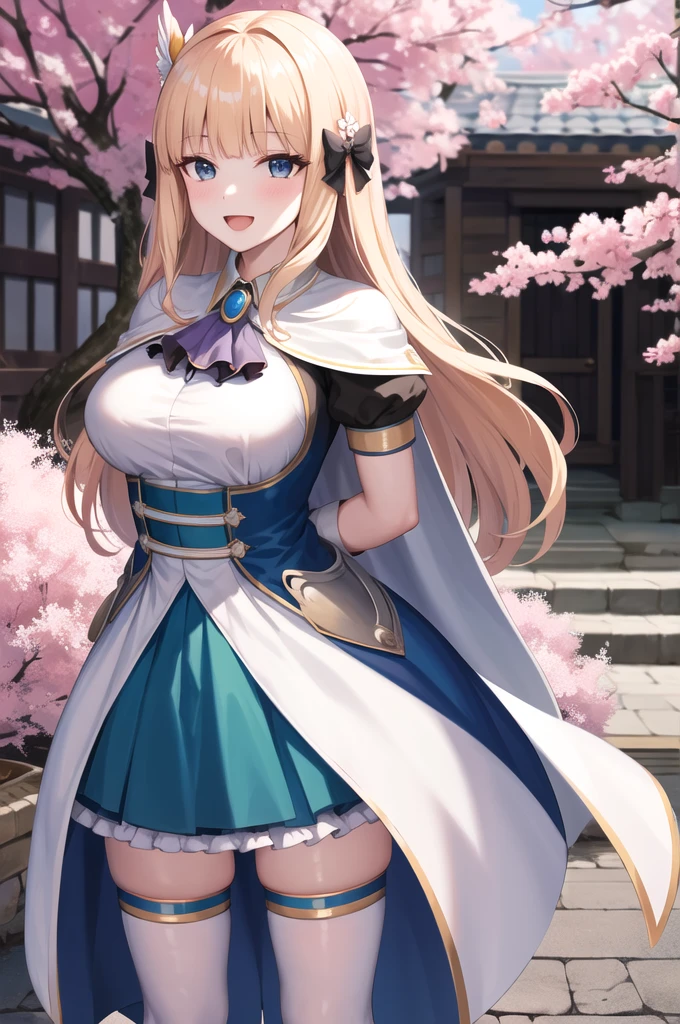 hentai,masterpiece, best quality, highres, aasaren, long hair, blonde hair, hair bow, black bow, hair ornament, blunt bangs, pointy ears, large breasts, brooch, white cape, aqua dress, underbust, short sleeves, white gloves, white skirt, frilled skirt, white thighhighs, arms behind back, smile, open mouth, leaning forward, standing, outdoors, cherry blossoms,