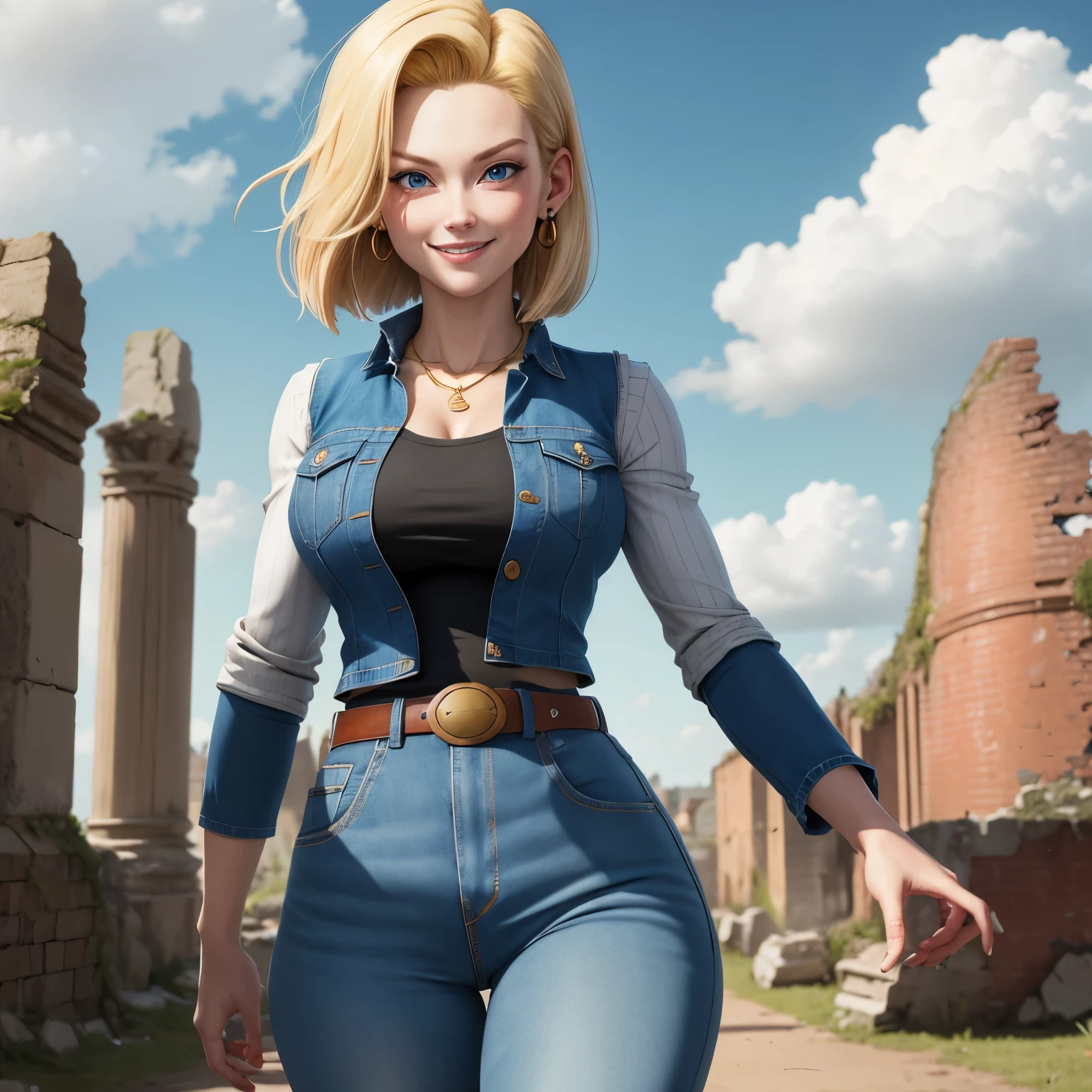 best quality, high resolution, and18, 1girl, android 18, solo, blonde hair, blue eyes, belt, tight jeans, gold necklace, black shirt, short hair, long sleeves, striped sleeves, earrings, open vest, blue vest jeans, big breasts, photo of (weather: windy), walking, long tights, battle ruins, wide hips, shy smile, thin waist and wide hips