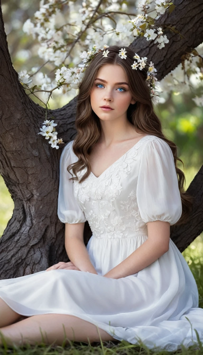 Create a 19 year old woman, brown hair and blue eyes and fair skin, wearing a white dress with flowers as decoration and sitting at the foot of a tree , Make the drawing with a dark appearance and don't get too close to it, making it look serious.