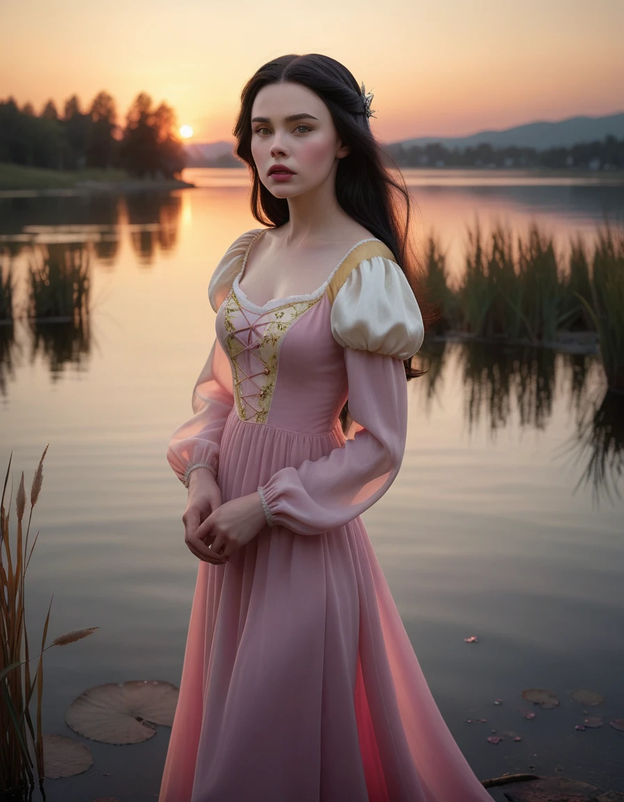A beautiful young Snow White with long flowing dark hair, wearing a delicate pink chiffon dress, standing by a serene lakeside at sunset, (best quality,8k,highres,masterpiece:1.2), ultra-detailed, (realistic, photorealistic, photo-realistic:1.37), detailed facial features, porcelain skin, delicate features, calm water reflecting the sky, gently swaying reeds, warm sunset hues, dramatic lighting, fantasy, magical, ethereal