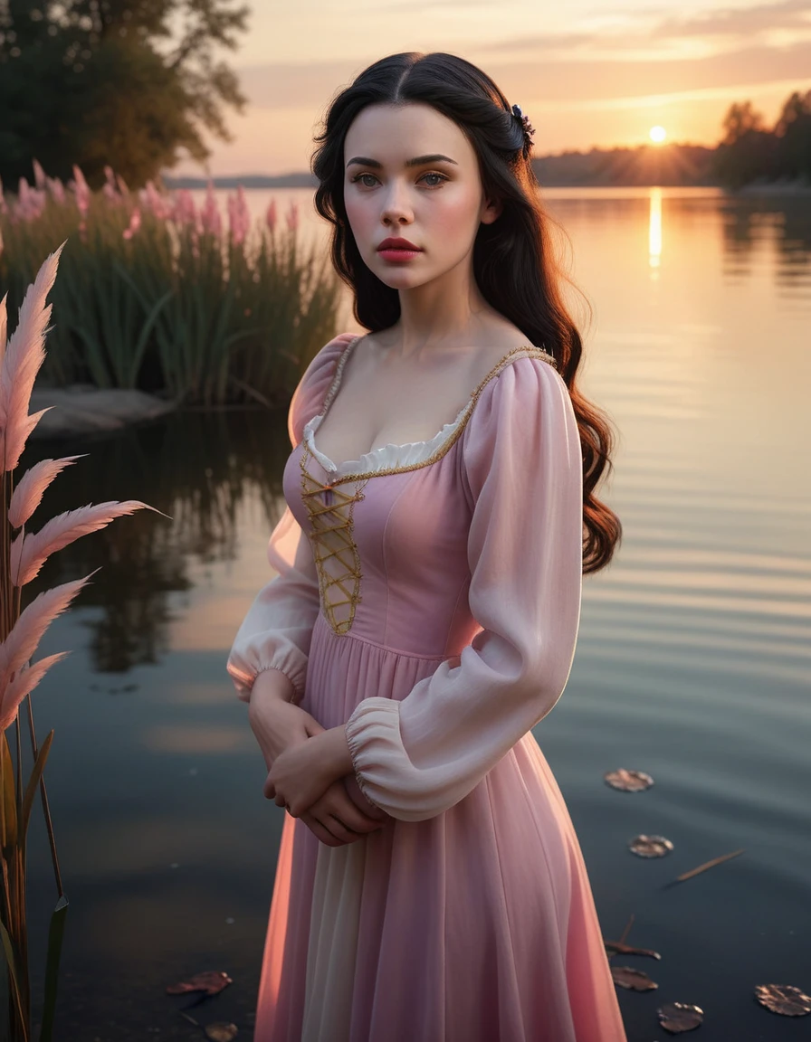 A beautiful young Snow White with long flowing dark hair, wearing a delicate pink chiffon dress, standing by a serene lakeside at sunset, (best quality,8k,highres,masterpiece:1.2), ultra-detailed, (realistic, photorealistic, photo-realistic:1.37), detailed facial features, porcelain skin, delicate features, calm water reflecting the sky, gently swaying reeds, warm sunset hues, dramatic lighting, fantasy, magical, ethereal