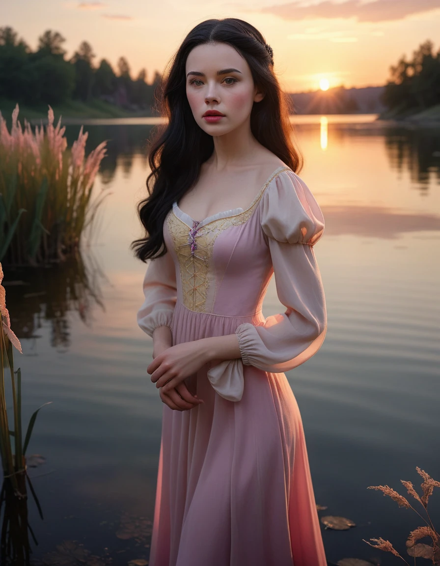 A beautiful young Snow White with long flowing dark hair, wearing a delicate pink chiffon dress, standing by a serene lakeside at sunset, (best quality,8k,highres,masterpiece:1.2), ultra-detailed, (realistic, photorealistic, photo-realistic:1.37), detailed facial features, porcelain skin, delicate features, calm water reflecting the sky, gently swaying reeds, warm sunset hues, dramatic lighting, fantasy, magical, ethereal