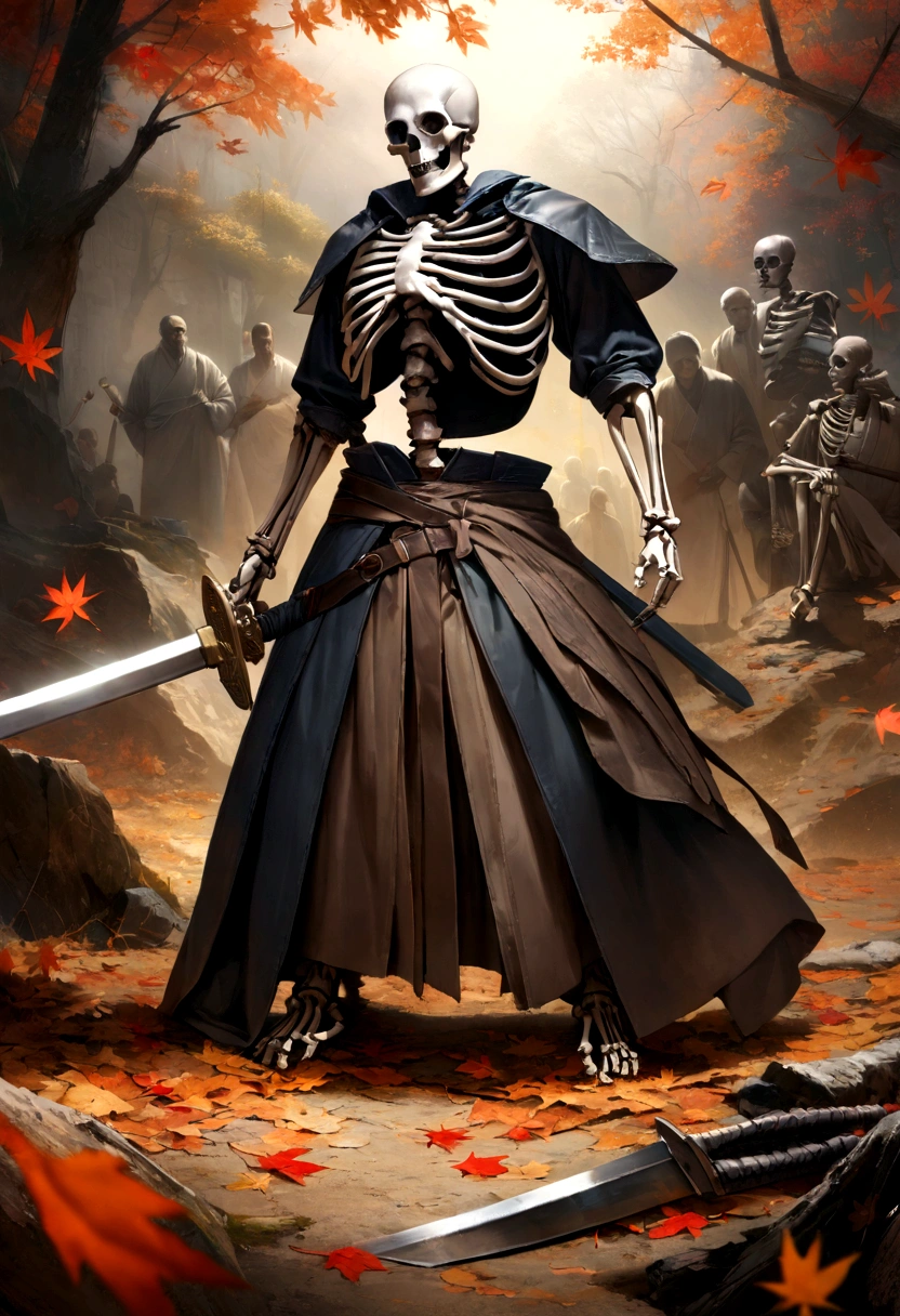 (8K, 16K, Awards, Highest quality, High resolution, Super detailed, Realistic, RAW Photos), Highly detailed 4K resolution digital art, (Skeleton Swordsman: 1.3), warrior, Lighting is dynamic, Enhanced complex details, Splash art with triad colors and deep tones, Picture book style, Hairless Warrior, The best camera models and lenses, Japanese sword, autumn leavesのある大木, autumn leaves, Return blood, Overwhelming beauty Many swords are stuck in the ground, Symbol of strength.