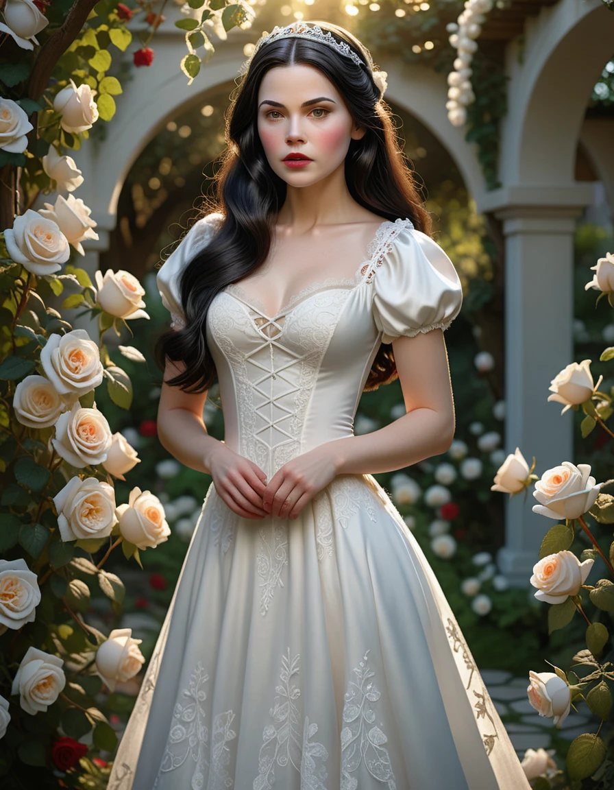 A beautiful young Snow White with long flowing dark hair, wearing a white wedding gown with lace details, standing in a lush garden, (best quality,8k,highres,masterpiece:1.2), ultra-detailed, (realistic, photorealistic, photo-realistic:1.37), detailed facial features, porcelain skin, delicate features, blooming roses, elegant arches, soft sunlight, dramatic lighting, fantasy, magical, ethereal