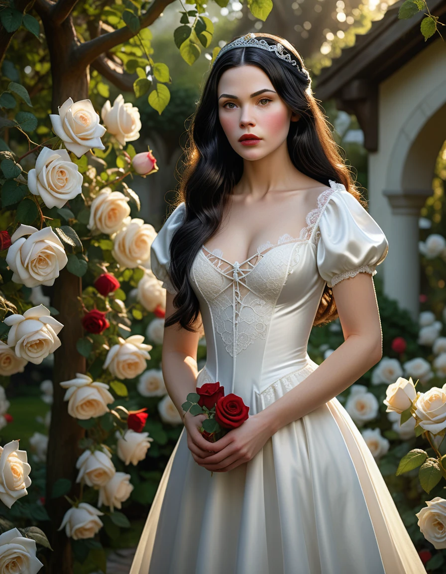 A beautiful young Snow White with long flowing dark hair, wearing a white wedding gown with lace details, standing in a lush garden, (best quality,8k,highres,masterpiece:1.2), ultra-detailed, (realistic, photorealistic, photo-realistic:1.37), detailed facial features, porcelain skin, delicate features, blooming roses, elegant arches, soft sunlight, dramatic lighting, fantasy, magical, ethereal
