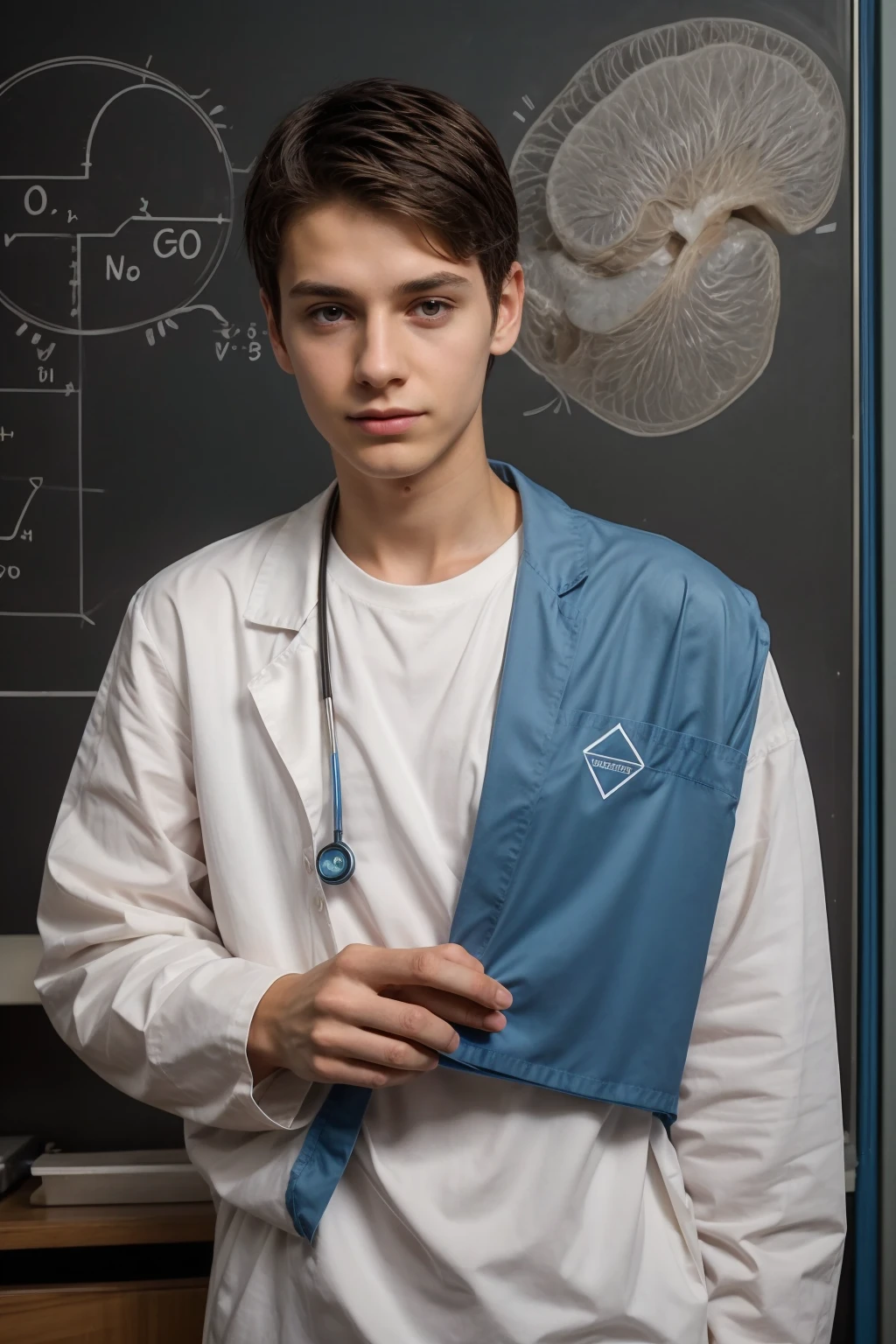 A beautiful young man, a cute male twink, with black hair, wearing a long-sleeved white shirt and aquamarine blue pants, and he is in his scientific office, and behind him is a blackboard with the shape of the brain and its anatomy written on it, and next to him is the shape of the heart and its anatomy, and he looks on proudly, and he is a medical genius, and in his hand is a medical journal.