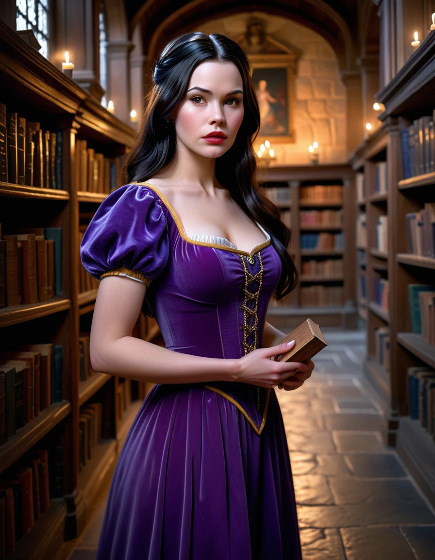 A beautiful young Snow White with long flowing dark hair, wearing a royal purple dress with silver accents, standing in an ancient library, (best quality,8k,highres,masterpiece:1.2), ultra-detailed, (realistic, photorealistic, photo-realistic:1.37), detailed facial features, porcelain skin, delicate features, towering bookshelves, warm candlelight, ancient tomes, dramatic lighting, fantasy, magical, ethereal