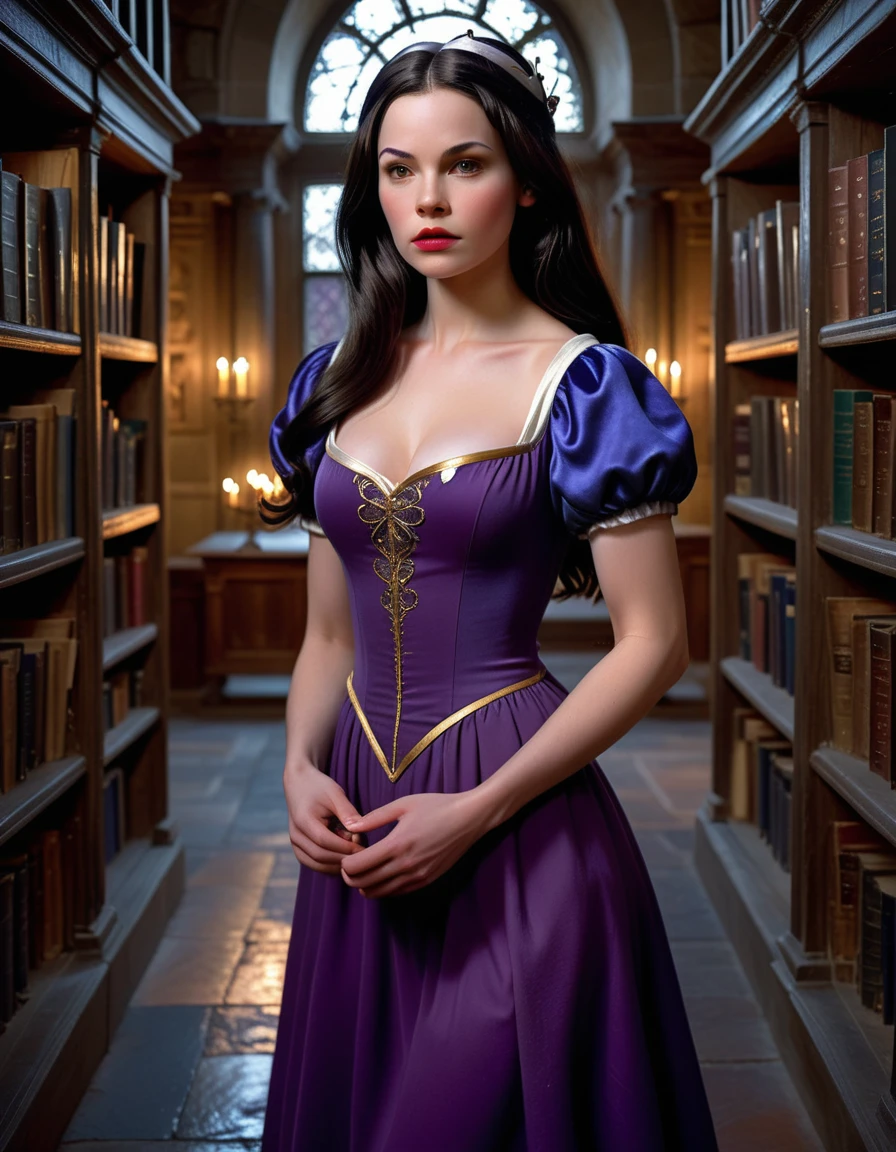 A beautiful young Snow White with long flowing dark hair, wearing a royal purple dress with silver accents, standing in an ancient library, (best quality,8k,highres,masterpiece:1.2), ultra-detailed, (realistic, photorealistic, photo-realistic:1.37), detailed facial features, porcelain skin, delicate features, towering bookshelves, warm candlelight, ancient tomes, dramatic lighting, fantasy, magical, ethereal