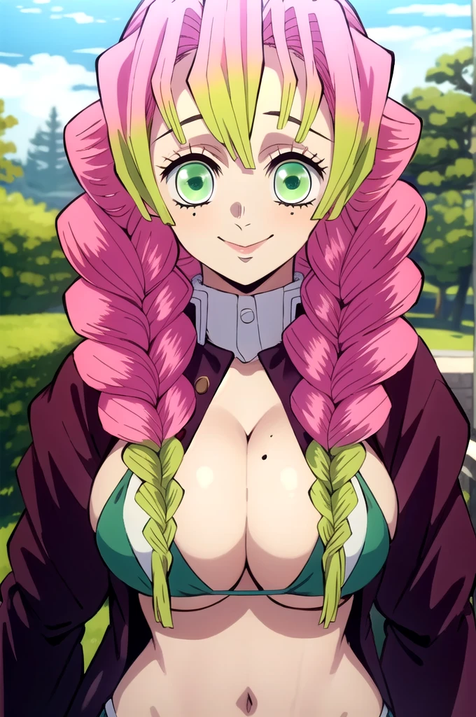 (masterpiece, best quality),  intricate details,
MitsuriKanroji,  kanroji mitsuri, demon slayer, 1girl, solo, upper body, sky, long hair, smiling, green eyes, pink hair, braid, outdoors, green hair, mole, blurry, twin braids, mole under eye, parody, portrait, close up, large breast, huge breasts, bikini top