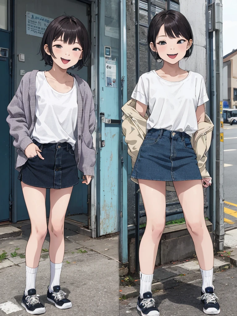 1girl,,,outdoor,casual clothes,,socks,small breasts,,standing,looking viewer,open mouth,tongue,,miniskirt