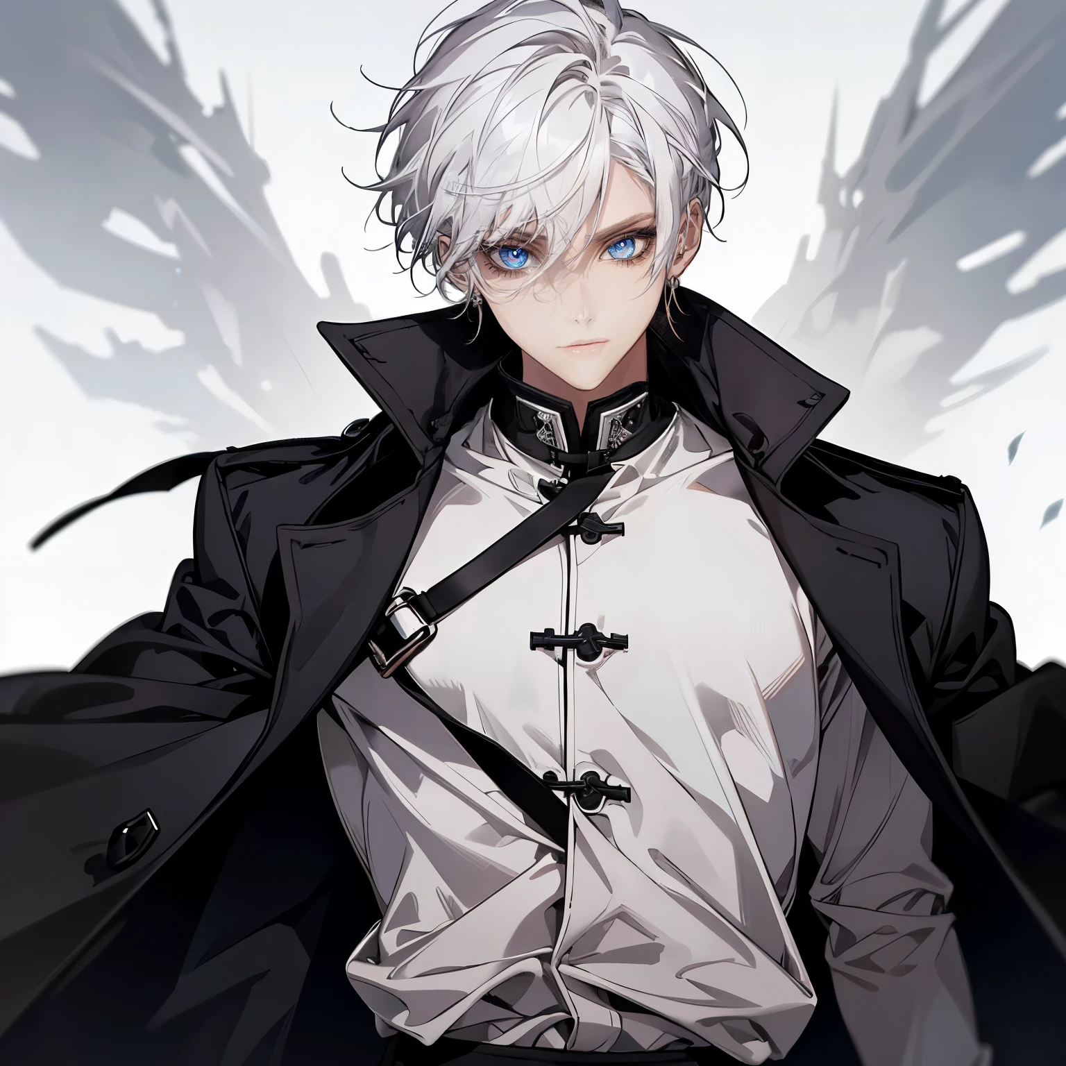 1 male, ager, wearing a white shirt, black long pants, white hair, short hair, long black trench coat, face to detail, The eyes must be detailed, light red eyes, the background is a frozen place in china