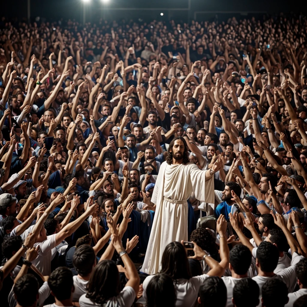 Image of a man in a white robe standing before a crowd of people, Greg Olsen, Segunda vinda, de costas viradas, Directed by: Thomas Dalziel, epic biblical representation, Vestido como Jesus Cristo, Jovem Deus Todo-Poderoso, Jesus Cristo, his back is turned, Jesus, O Senhor e Salvador, in front of a large crowd