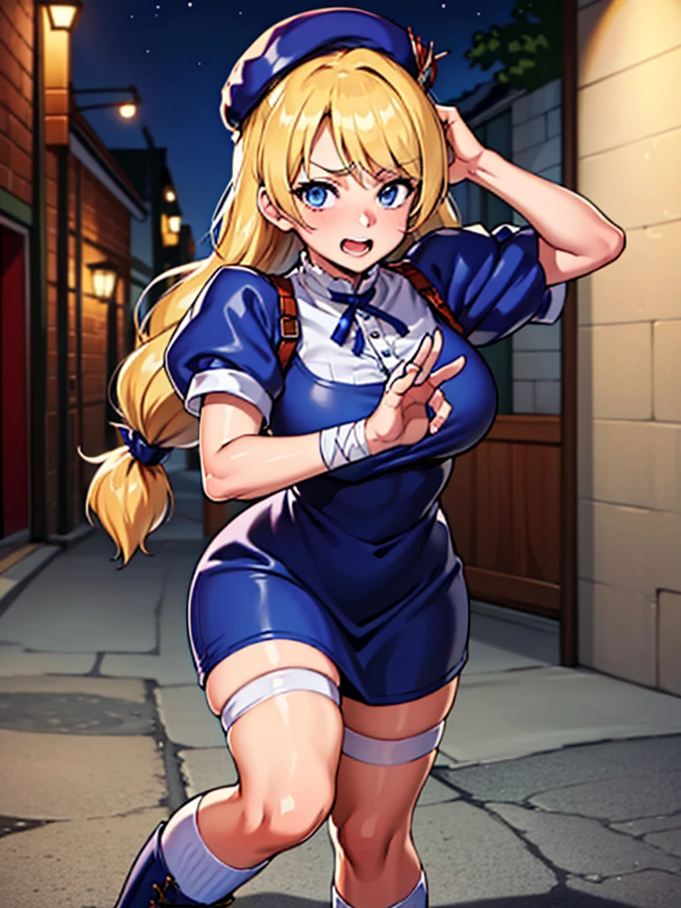 masterpiece, best quality, very aesthetic, absurdres, (newest) explicit, looking ar viewer, alley, Night, outdoors, 1girl, (HinakoMS:1.4), hat, blue eyes, short dress, beret, bandages, ribbon, knee pads, short sleeves, blue boots, fight pose, arm over head, pale skin, open mouth, wide hips, (solo focus)