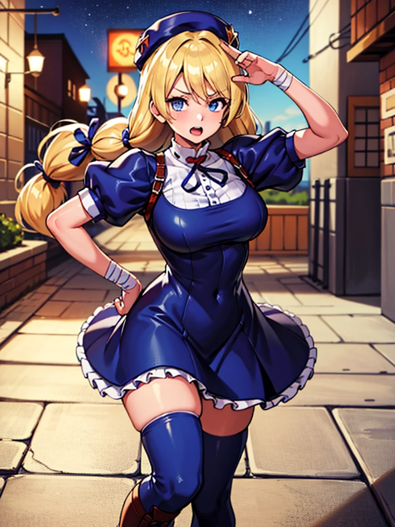 masterpiece, best quality, very aesthetic, absurdres, (newest) explicit, looking ar viewer, alley, Night, outdoors, 1girl, (HinakoMS:1.4), hat, blue eyes, short dress, beret, bandages, ribbon, knee pads, short sleeves, blue boots, fight pose, arm over head, pale skin, open mouth, wide hips, (solo focus)