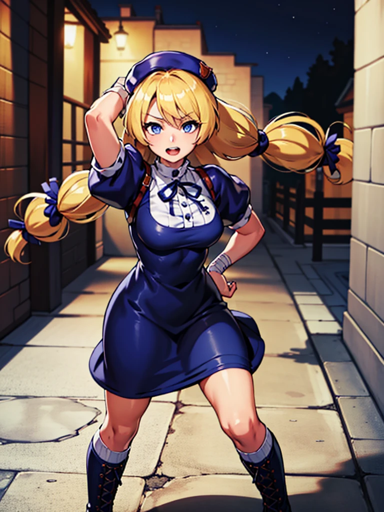 masterpiece, best quality, very aesthetic, absurdres, (newest) explicit, looking ar viewer, alley, Night, outdoors, 1girl, (HinakoMS:1.4), hat, blue eyes, short dress, beret, bandages, ribbon, knee pads, short sleeves, blue boots, fight pose, arm over head, pale skin, open mouth, wide hips, (solo focus)