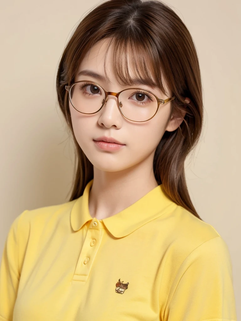1girl, masterpiece, high_quality, yellow_shirt, glasses, brown_hair