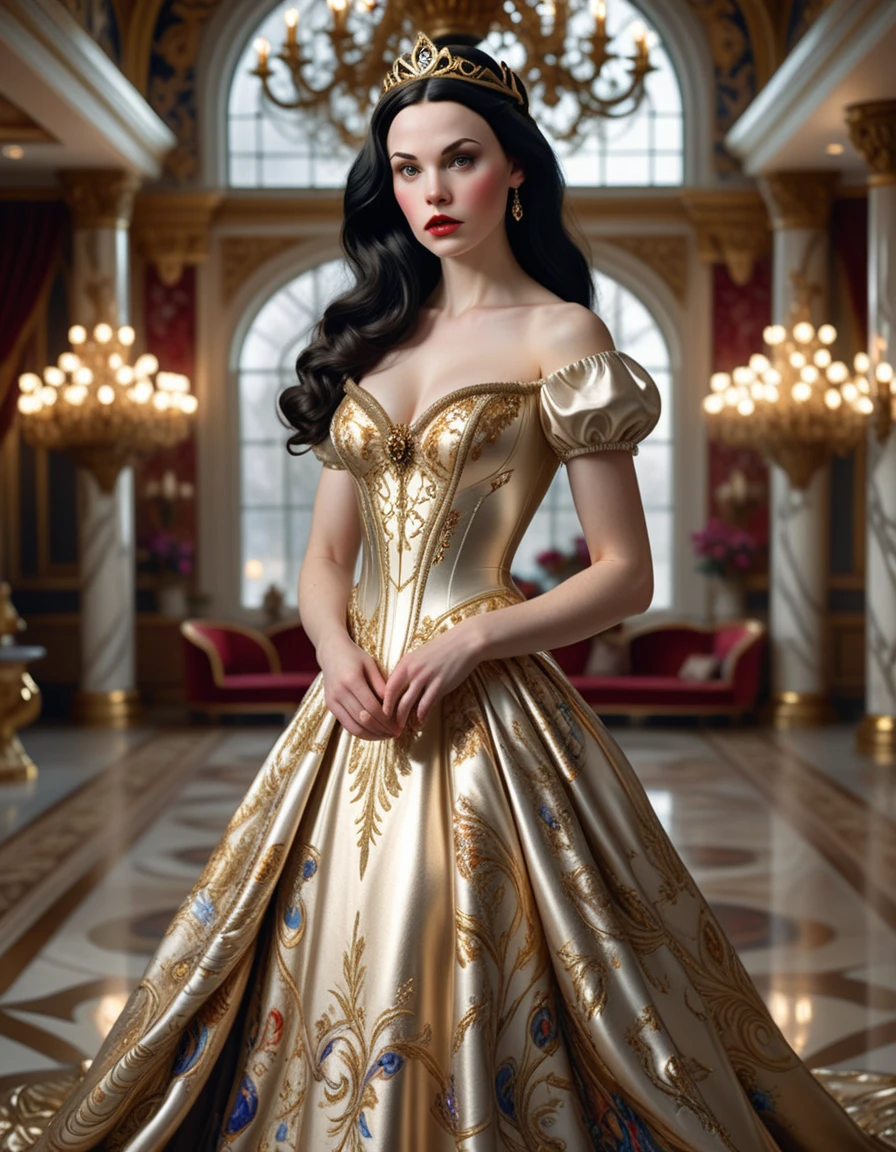 "A beautiful young Snow White with long flowing dark hair, wearing a luxurious gold dress with intricate designs, standing in a majestic ballroom, (best quality,8k,highres,masterpiece:1.2), ultra-detailed, (realistic, photorealistic, photo-realistic:1.37), detailed facial features, porcelain skin, delicate features, grand chandeliers, polished marble floors, opulent decor, dramatic lighting, fantasy, magical, ethereal