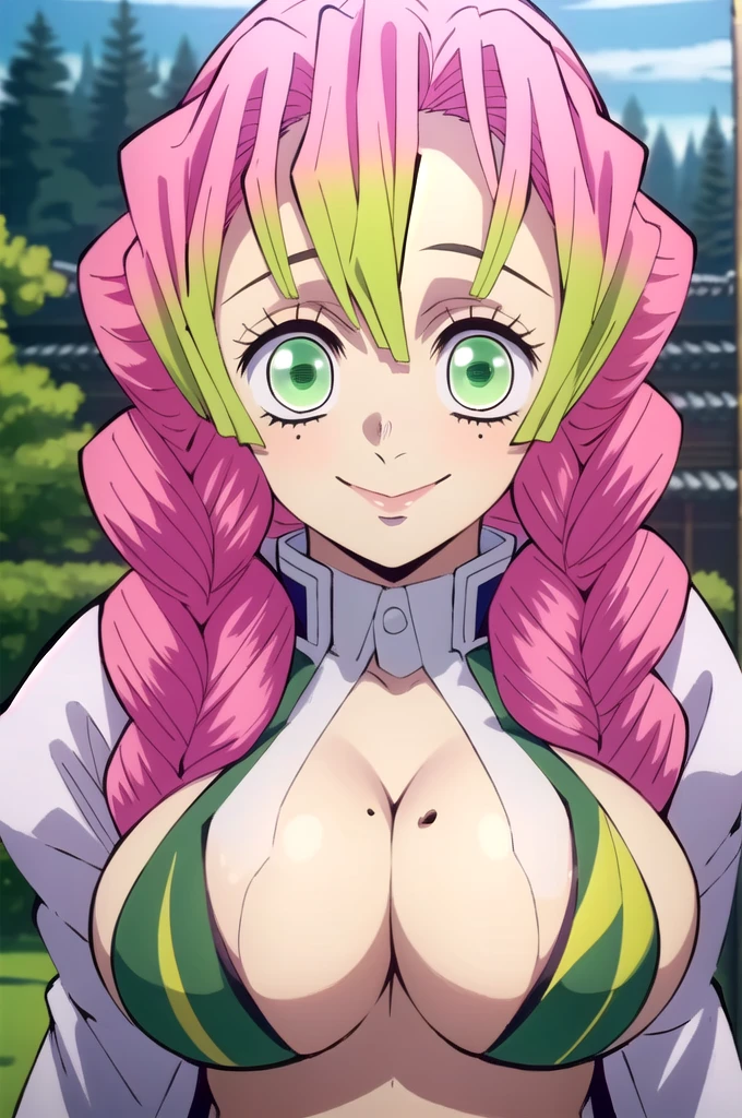 (masterpiece, best quality),  intricate details,
MitsuriKanroji,  kanroji mitsuri, demon slayer, 1girl, solo, upper body, sky, long hair, smiling, green eyes, pink hair, braid, outdoors, green hair, mole, blurry, twin braids, mole under eye, parody, portrait, close up, large breast, huge breasts, bikini top, headshot