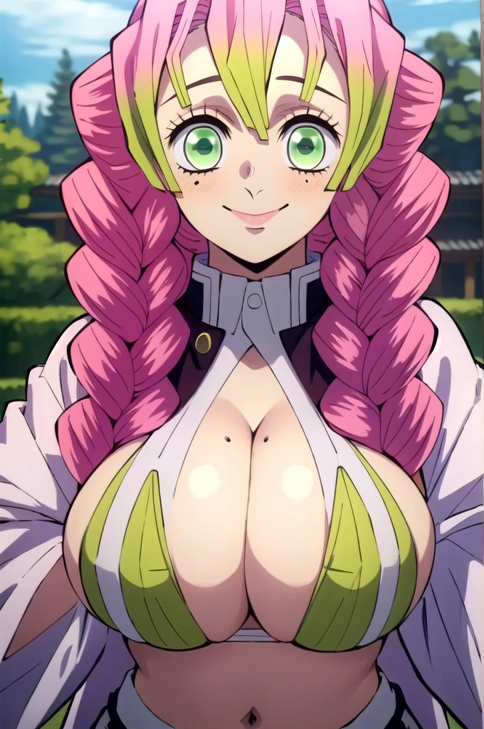 (masterpiece, best quality), intricate details,
MitsuriKanroji, kanroji mitsuri, demon slayer, 1girl, solo, upper body, sky, long hair, smiling, green eyes, pink hair, braid, outdoors, green hair, mole, blurry, twin braids, mole under eye, parody, portrait, close up, large breast, huge breasts, bikini top, headshot