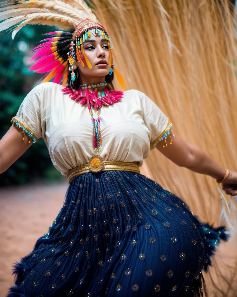 Beautiful Cherokee Indian woman with beautiful terracotta colored headdresses, blackw, doradas, cobre, Pearl, white and beige, feathers made of bright neon of various colors, flares on camera, bokeh, full moon night