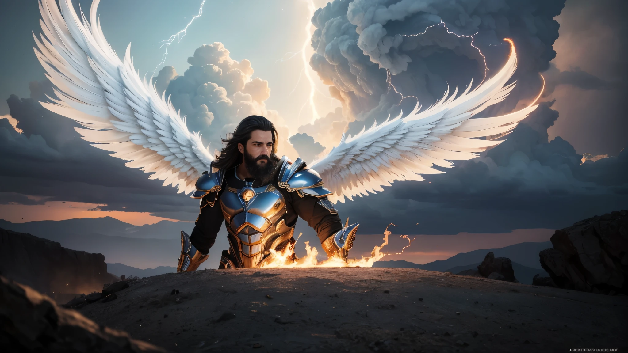 angel, Divine Male Angel, natural, God's Army Angel, angel Masculino de Deus, Strong male angel, God's Army, God's Angel Man, Jewish Beard, Hebrew Angel, Sky God's, God's Sky Heavens, Realistic Man, celestial armor, Beauty, Blue Thunder, fire azul, Realistic fire azul, realistic thunder, electrical screws, realistic detailed 8k, 16K realistic detail, stark, Detailed realistic color, Detailed realistic thunder, fire azul Realistic 8K, Cores photorrealistic 8K, 8K detailed colors, Nitidez photorrealistic 8K, ULTRAHD Photorealism, Divine fire azul, Divine Electric Blue Thunder, Sombras photorrealistics 8K, Textura photorrealistic, naturey, heavens, heavenly, sky night, beauty sky, natta, majestic, majestic Sky, Naturally Elegant, thunders, Sky thunders, Divine thunder, Linda, doradas, starlight, Heavenly Bolts, Blue Electricity, Blue Screws, Rendering, photorrealistic, UltraHigh Definition, 4K, detailed textures, thunder, detailed shadows, detailed colors, naturey Linda, Great Divine, detailed contrast, realistic contrast, high resolution, detailed colors, realistic detailed 16K, 8k high definition, detailed contrast, realistic contrast, high resolution, detailed colors, fire, villany, realistic detailed, chic,