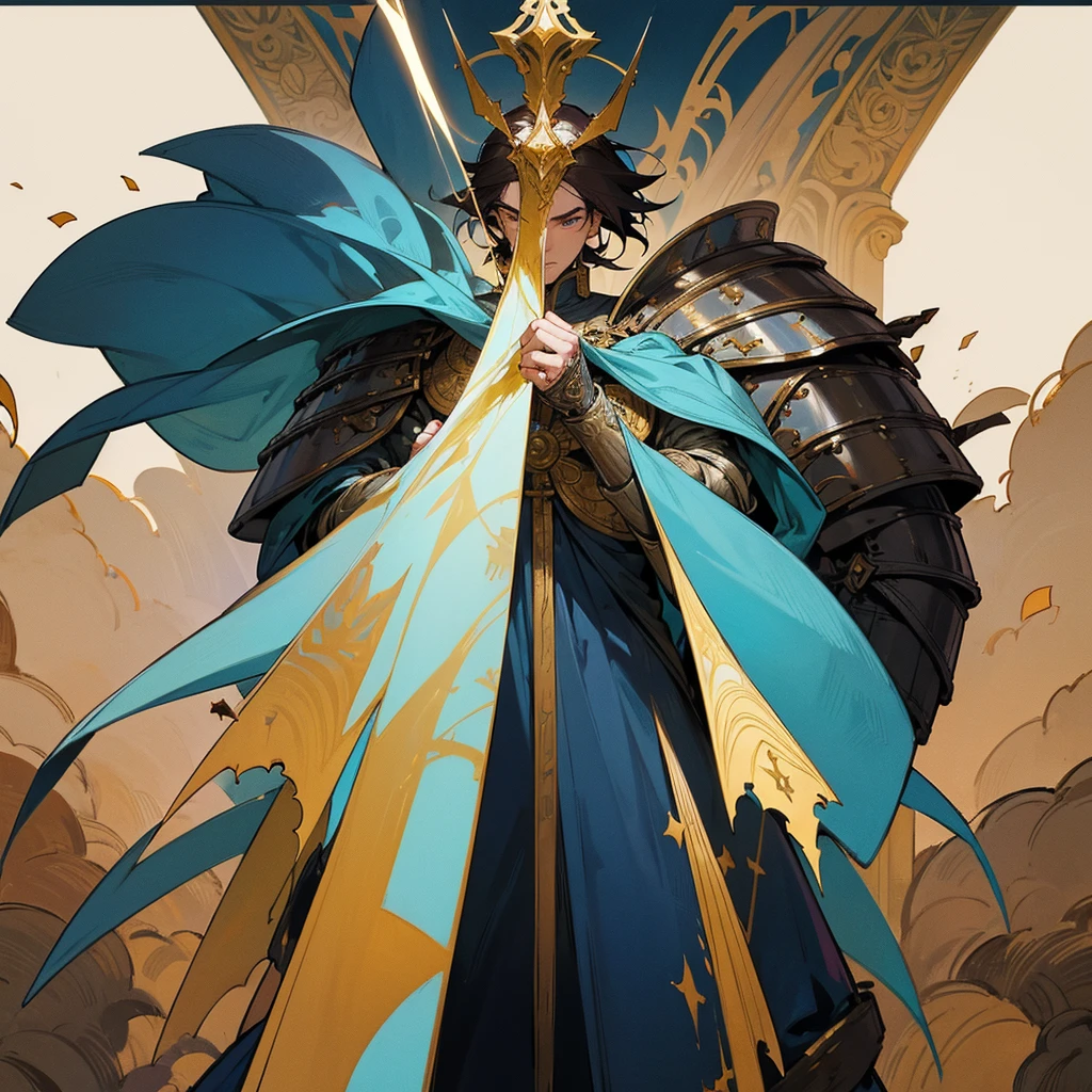 Eldran is a striking figure, standing at 6'3" with a muscular yet agile build, a testament to his rigorous training and divine blessing. His hair is a dark brown, kept short and practical for battle, while his eyes are a piercing blue, often said to reflect the clarity and depth of his faith. His skin is weathered, bearing the marks and scars of countless battles against the undead and other dark creatures.
He wears a distinctive set of armor, gleaming with a holy aura. The armor is intricately designed with symbols of Arkay, featuring silver and gold accents that catch the light, giving him an almost ethereal appearance. A long, flowing blue cape, trimmed with gold, drapes from his shoulders, bearing the emblem of Arkay on its back.