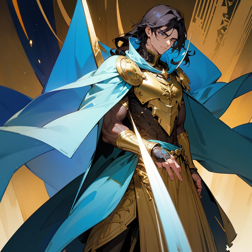 Eldran is a striking figure, standing at 6'3" with a muscular yet agile build, a testament to his rigorous training and divine blessing. His hair is a dark brown, kept short and practical for battle, while his eyes are a piercing blue, often said to reflect the clarity and depth of his faith. His skin is weathered, bearing the marks and scars of countless battles against the undead and other dark creatures.
He wears a distinctive set of armor, gleaming with a holy aura. The armor is intricately designed with symbols of Arkay, featuring silver and gold accents that catch the light, giving him an almost ethereal appearance. A long, flowing blue cape, trimmed with gold, drapes from his shoulders, bearing the emblem of Arkay on its back.