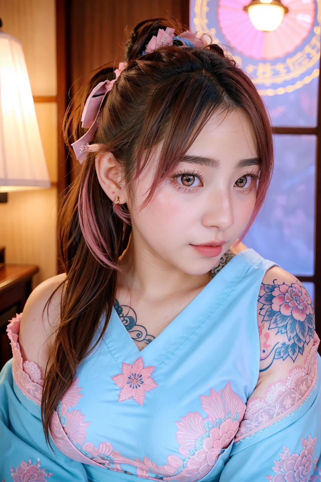 Georgeous, Beautiful, Cutes, Baby Face, 20 Years Old, White Skin, Sleeveless, Cleavage, Large Breast, Large Chests, ((Pink-Blue Pastel Coloured)) Off Shoulder Japanese Kimono, Lace Kimono, Embroidery Kimono, Muscles, Athletic, Girly, Japanese Vintage Background, Twintails, Hair with Bangs, Open Mouth, Masterpiece, Adorable, Beautiful Large Eye, Dramatic Vintage Lighting, (Yakuza Tattoo), ((Tattooed:1.1)), HDR, Fish Gape Selfie