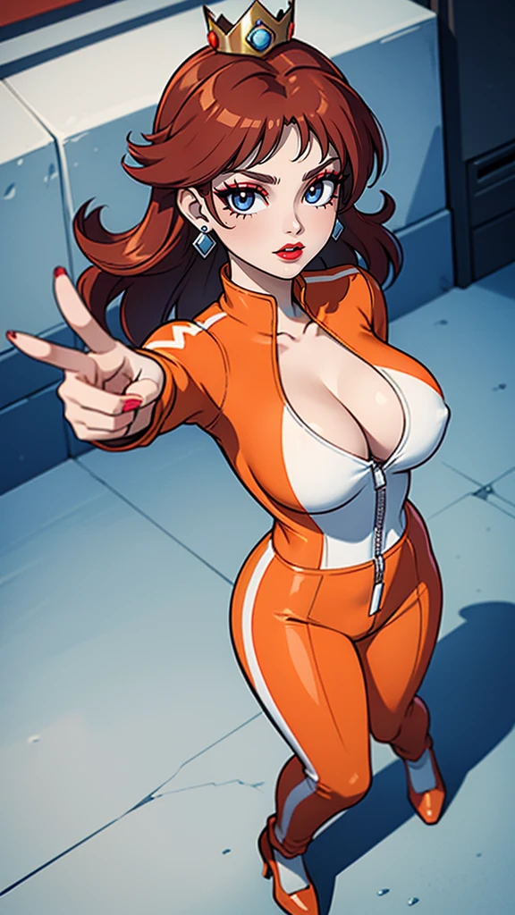 ((high detailed, best quality, 4k, masterpiece, hd:1.3)), (Mario_Kart_speedway), Princess Daisy posing, Daisy_SM, BREAK neon blue eyes, seductive, attractive, sexy smile, smiling, smooth anime cg art, 36C breasts, long legs, vivid colors, detailed digital art, slim body, perfect skin, dark red hair, long red hair, dark hair, red hair, BREAK crown, cleavage, 36C cleavage, looking at viewer, BREAK looking at viewer, extremely detailed face, (orange and white jumpsuit), (Jumpsuit:1.5), (orange and white racing suit), (racing suit:1.5), (high heels), full body, earrings, gem, dark black makeup lips, dark gothic eyeshadows, dark eyeshadows, black eyeshadows, black sexy lips, red lips, dark red lips, very dark red lips, detailed lips, detailed red lips, red painted lips, gothic painted lips, (thin_lips), (very thin lips), dark gothic eyeshadows, dark eyeshadows, black eyeshadows, (perfect hands, perfect anatomy), black makeup, detailed fingers, five fingers per hand, 5 fingers, (1 girl), detailed lips, BREAK night, (breast focus), (breasts out:1.3), (from above:1.3), (arms outstretched:1.3),