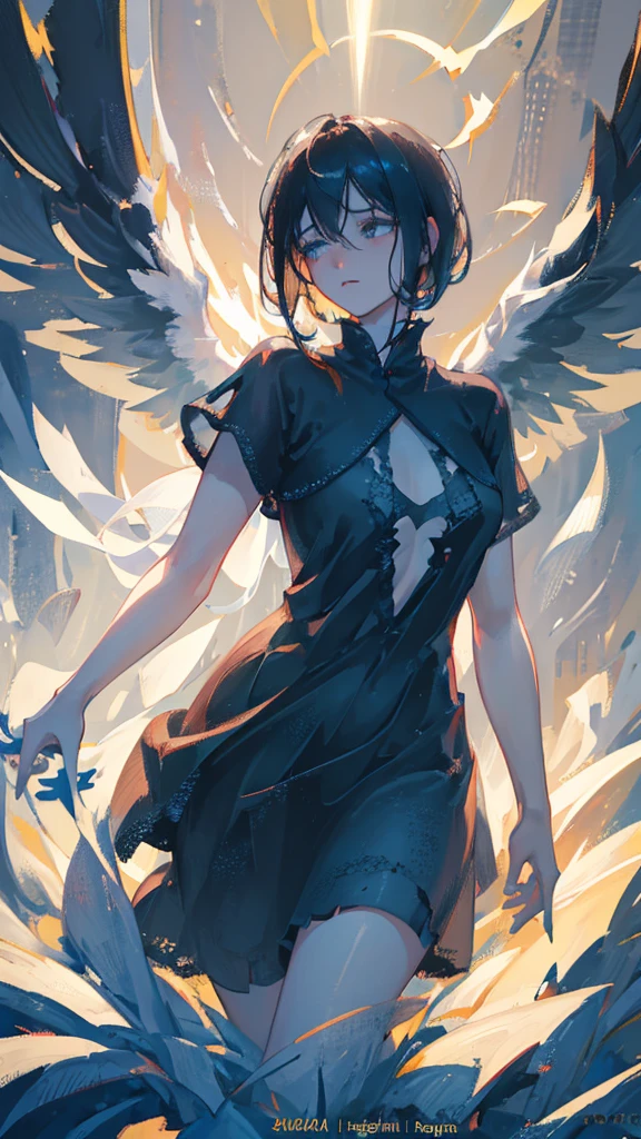 1 girl, young, short black hair with bangs covering left eye, pale white skin, completely black eyes, angel wings, angel dress, serious and cold expression (best quality, 4k, 8k, high resolution, masterpiece : 1.2), ultra detailed, (realistic, photorealistic, photorealistic:1.37), studio lighting, extremely detailed face and eyes, beautiful detailed eyes, beautiful detailed lips, long eyelashes, ethereal, dark fantasy, dramatic lighting, moody, gloomy