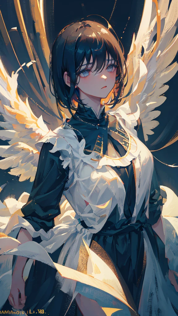 1 girl, young, short black hair with bangs covering left eye, pale white skin, completely black eyes, angel wings, angel dress, serious and cold expression (best quality, 4k, 8k, high resolution, masterpiece : 1.2), ultra detailed, (realistic, photorealistic, photorealistic:1.37), studio lighting, extremely detailed face and eyes, beautiful detailed eyes, beautiful detailed lips, long eyelashes, ethereal, dark fantasy, dramatic lighting, moody, gloomy