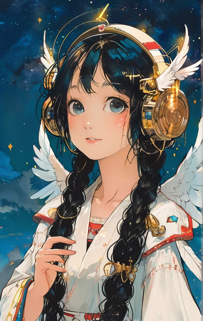 On a bright red campus"YES"Character、masterpiece, best quality, hatsune miku, white gown, angel, angel wings, golden halo, dark background, upper body, (closed mouth:1.2), looking at viewer, arms behind back, blue theme, stars, starry night