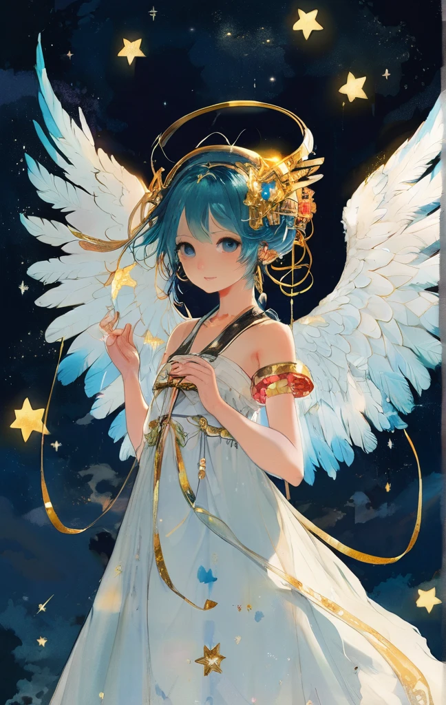 On a bright red campus"YES"Character、masterpiece, best quality, hatsune miku, white gown, angel, angel wings, golden halo, dark background, upper body, (closed mouth:1.2), looking at viewer, arms behind back, blue theme, stars, starry night