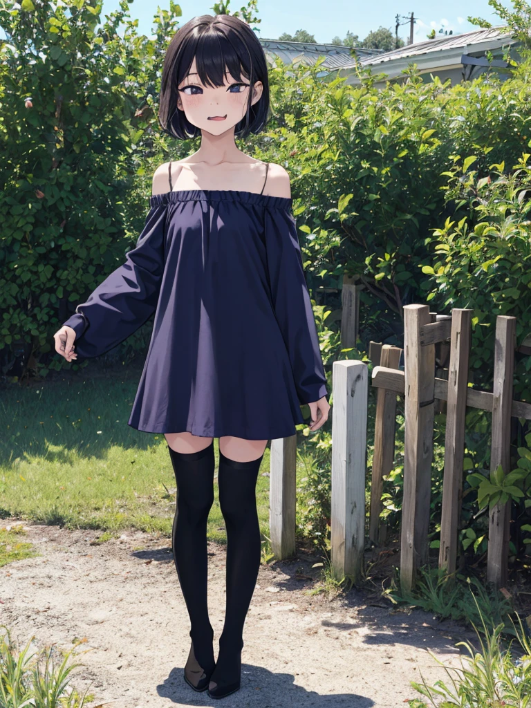 1girl,yo,,outdoor,off shoulder,summer dress,thighhighs,standing,angry