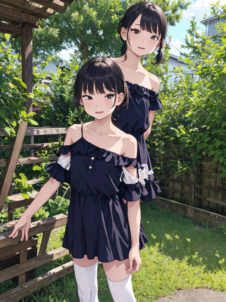 1girl,yo,,outdoor,off shoulder,summer dress,thighhighs,standing,angry