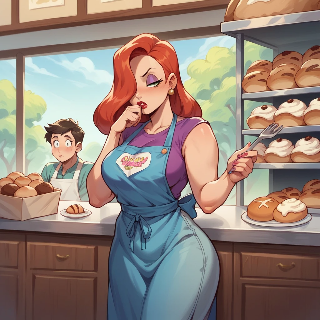 Jessica Rabbit is bored working in a bakery. She wears a light blue apron, she has big tits and a big ass, people are buying bread