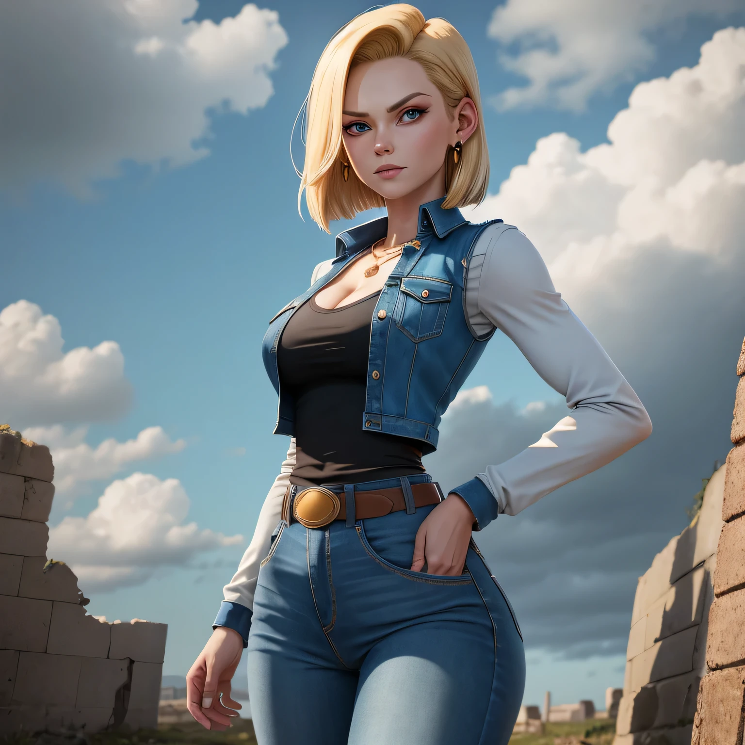 best quality, high resolution, and18, 1girl, android 18, solo, blonde hair, blue eyes, belt, tight jeans, gold necklace, black shirt, short hair, long sleeves, striped sleeves, earrings, open vest, blue vest jeans, big breasts, photo of (weather: windy), walking, long tights, battle ruins, wide hips, thin waist and wide hips, she in her back, perfect ass