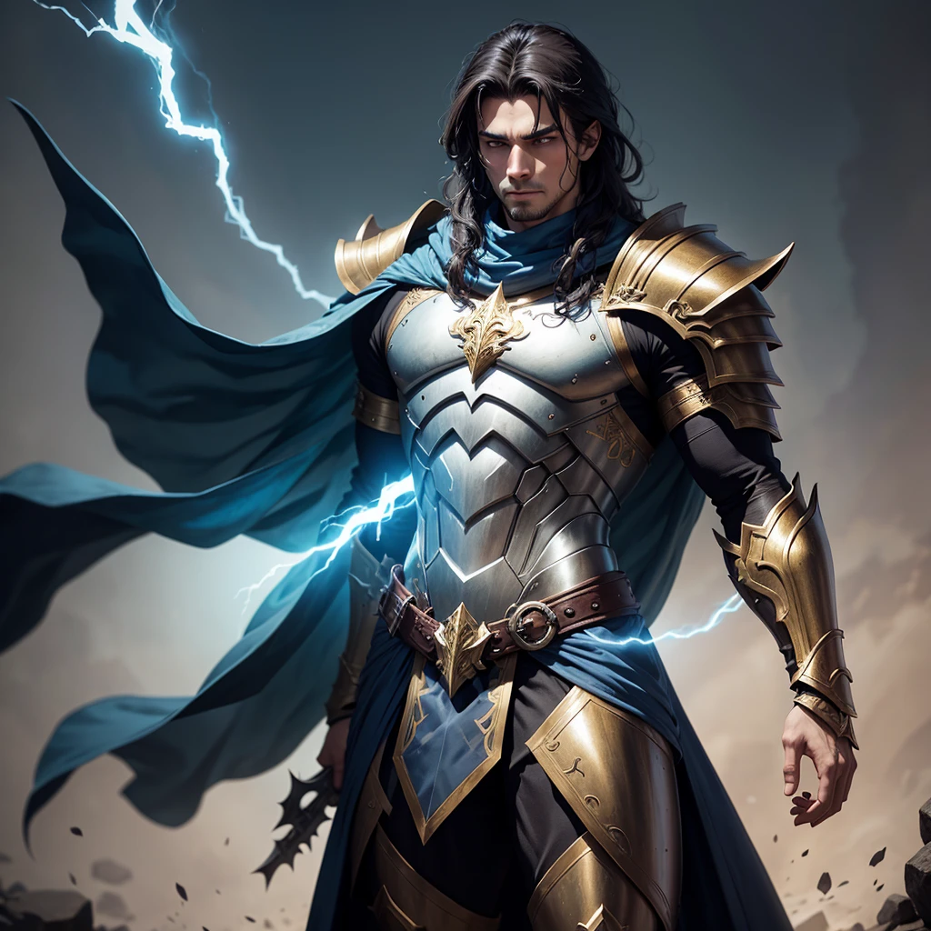 Eldran is a striking figure, standing at 6'3" with a muscular yet agile build, a testament to his rigorous training and divine blessing. His hair is a dark brown, kept short and practical for battle, while his eyes are a piercing blue, often said to reflect the clarity and depth of his faith. His skin is weathered, bearing the marks and scars of countless battles against the undead and other dark creatures.
He wears a distinctive set of armor, gleaming with a holy aura. The armor is intricately designed with symbols of Arkay, featuring silver and gold accents that catch the light, giving him an almost ethereal appearance. A long, flowing blue cape, trimmed with gold, drapes from his shoulders, bearing the emblem of Arkay on its back.