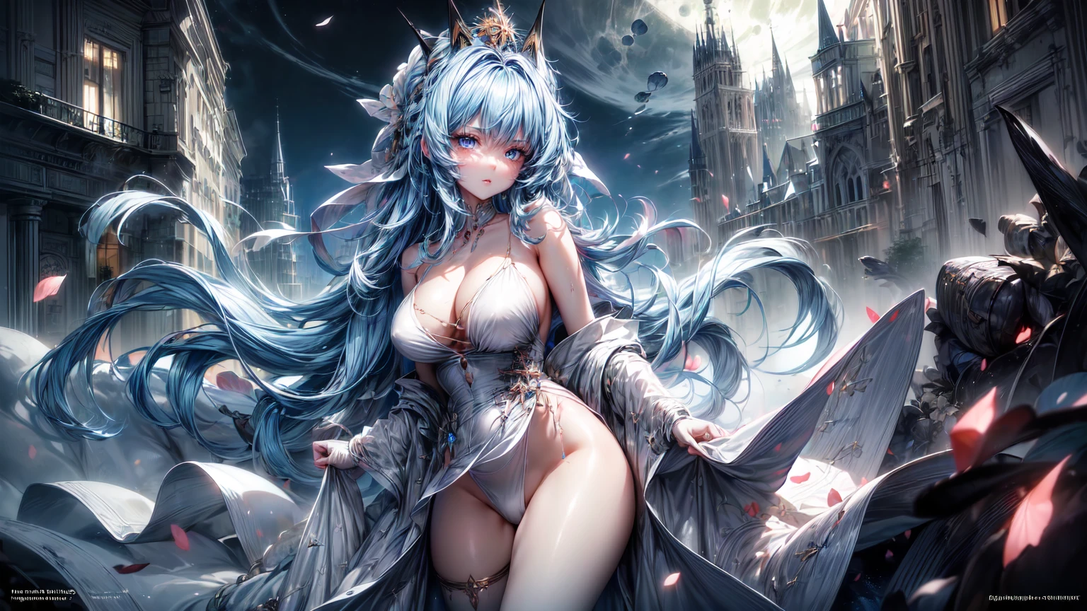 ((((Obra maestra, La mejor calidad, ultrahigh resolution)))), 1girl, standing,), ((long pure blue hair, hair over eye)), long hair cut, shiny skin, ((blue eyes)), glowing_eyes, neon eyes, (ultra detailed eyes:0.7, beautiful and detailed face, detailed eyes:0.9), ((centered)), smirk, facing viewer, ((vibrant background, dark lighting, summer, sunlight)), large chested, looking at viewer, ((half closed eyes)), ((perfect hands)), (((head:1, arms, hips in view, elbows, in view))), ((hands behind back)), empty eyes, beautiful lighting, ((outside, outdoors)), defined subject, head tilt, (((gritty)), ((creepy)), ((cool)), ((beautiful)), (((SFW))), hair ornament, petals in the air, moon in the sky, city, mature woman, adult woman, sfw, pink and white dress, night dress, she is a princess
