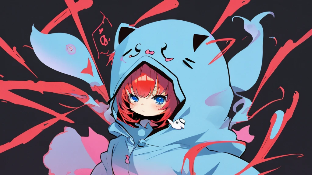 ANIME Chibi Girl, Vector style, A CUTE girl, wearing a ghost costume, ghost hood, no details on the costume, red hair, blue eyes. The logo style should be in anime kawaii style, artistic. No six fingers, short hair, No detailed drawing, No long hair. Simple hoodie. Black background
