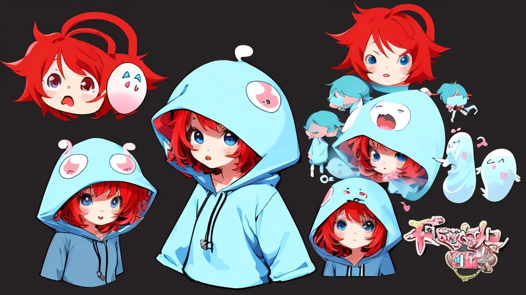 ANIME Chibi Girl logo, Vector style, A CUTE girl, wearing a ghost costume with a hood, no details on the costume, red hair, blue eyes. The logo style should be in anime kawaii style, artistic. No six fingers, short hair, No detailed drawing, No long hair. Simple hoodie. Black background