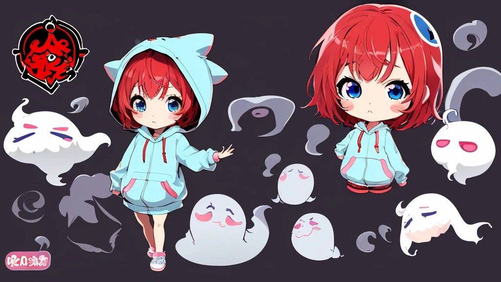 ANIME Chibi Girl, Vector style, A CUTE girl, wearing a ghost costume, ghost hood, no details on the costume, red hair, blue eyes. The logo style should be in anime kawaii style, artistic. No six fingers, short hair, No detailed drawing, No long hair. Simple hoodie. Black background