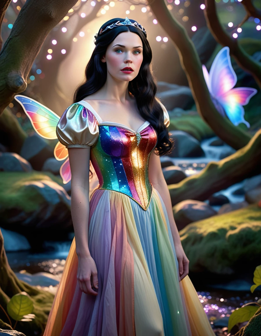 A beautiful young Snow White with long flowing dark hair, wearing a pastel rainbow dress, standing in a mystical fairy glen, (best quality,8k,highres,masterpiece:1.2), ultra-detailed, (realistic, photorealistic, photo-realistic:1.37), detailed facial features, porcelain skin, delicate features, sparkling fairy lights, enchanted creatures, ethereal mist, dramatic lighting, fantasy, magical, ethereal