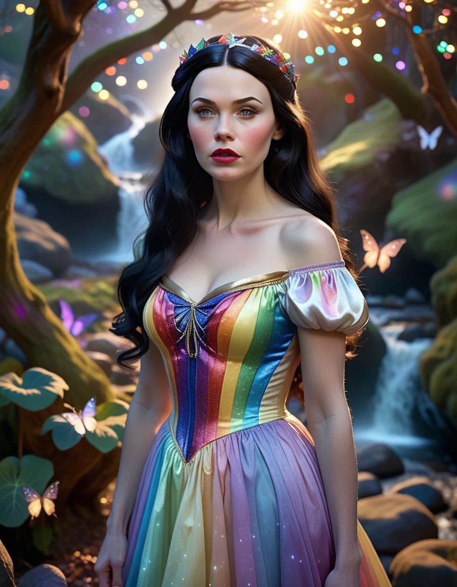 A beautiful young Snow White with long flowing dark hair, wearing a pastel rainbow dress, standing in a mystical fairy glen, (best quality,8k,highres,masterpiece:1.2), ultra-detailed, (realistic, photorealistic, photo-realistic:1.37), detailed facial features, porcelain skin, delicate features, sparkling fairy lights, enchanted creatures, ethereal mist, dramatic lighting, fantasy, magical, ethereal