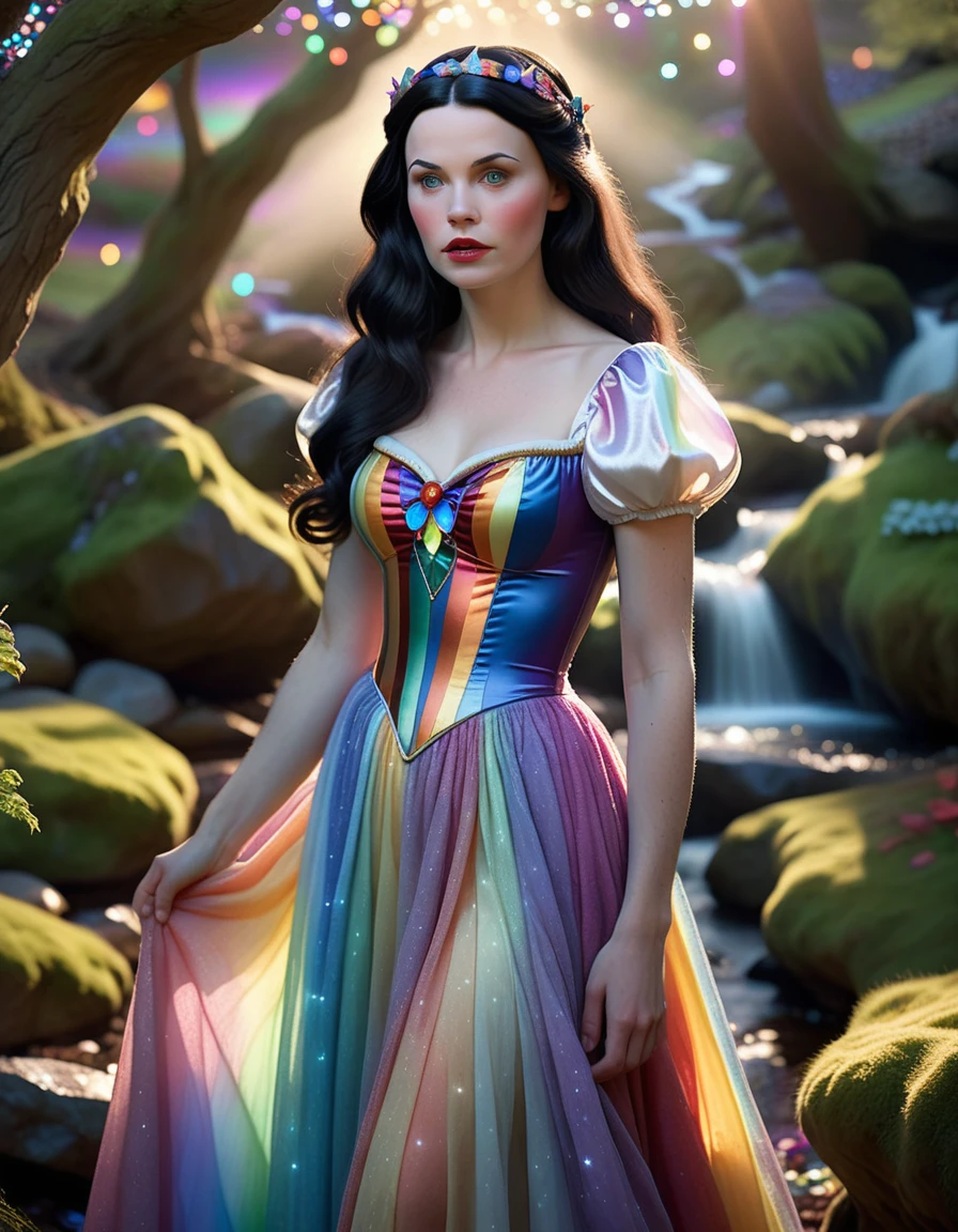 A beautiful young Snow White with long flowing dark hair, wearing a pastel rainbow dress, standing in a mystical fairy glen, (best quality,8k,highres,masterpiece:1.2), ultra-detailed, (realistic, photorealistic, photo-realistic:1.37), detailed facial features, porcelain skin, delicate features, sparkling fairy lights, enchanted creatures, ethereal mist, dramatic lighting, fantasy, magical, ethereal