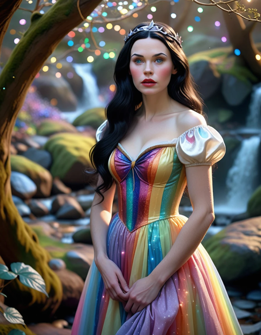 A beautiful young Snow White with long flowing dark hair, wearing a pastel rainbow dress, standing in a mystical fairy glen, (best quality,8k,highres,masterpiece:1.2), ultra-detailed, (realistic, photorealistic, photo-realistic:1.37), detailed facial features, porcelain skin, delicate features, sparkling fairy lights, enchanted creatures, ethereal mist, dramatic lighting, fantasy, magical, ethereal